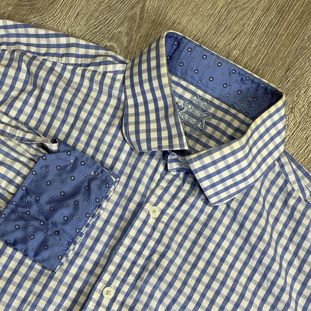 English Laundry Men's 16.5 32/33 Button Up Flip Cuff Window Pane Blue White
